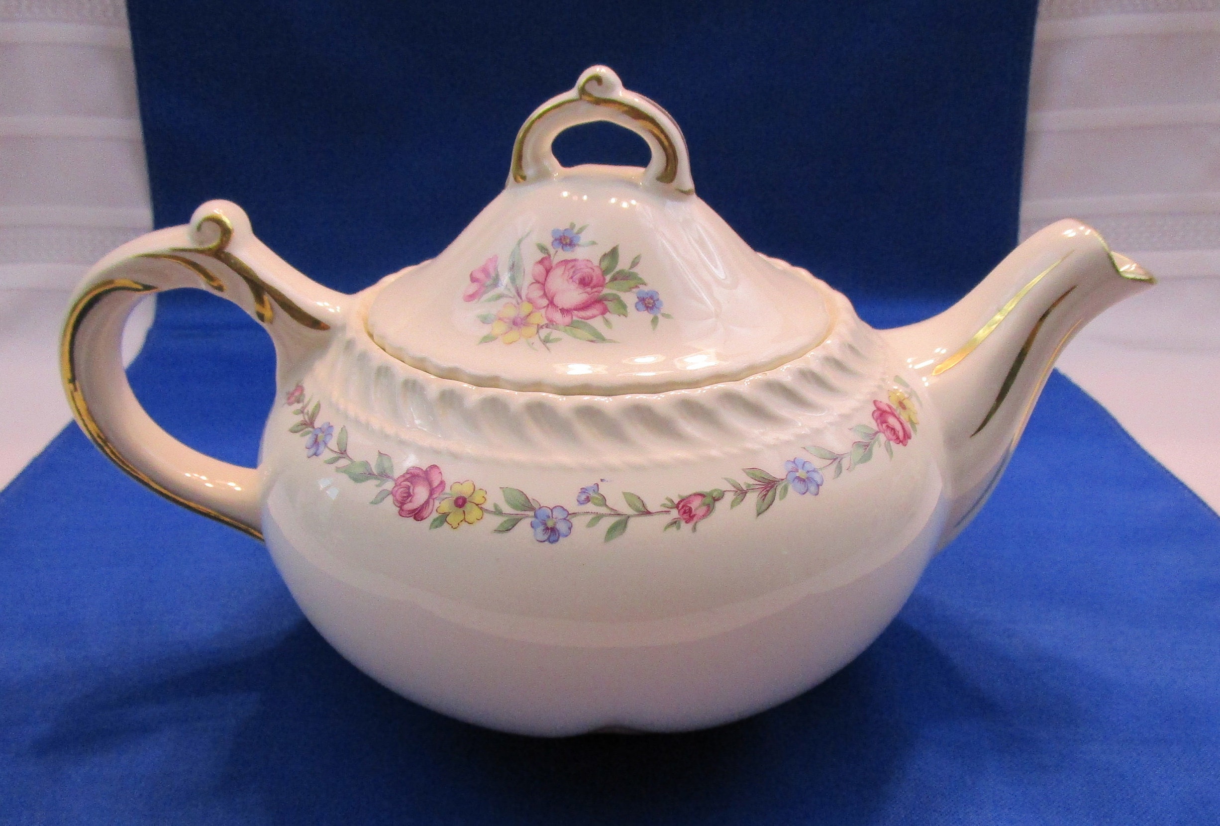 Vintage Teapot Harker Pottery Royal Gadroon Bouquet Pattern Tea Pot