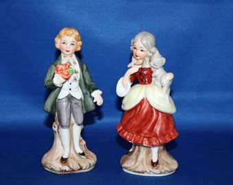 Vintage Courting Colonial Couple Figurines Made in Japan Hand Painted Bisque boy with bouquet, girl with kitten figurine Knick Knack Figure