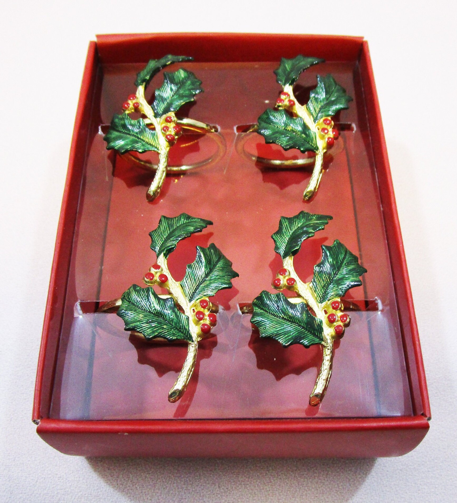 Vintage Lenox Set of 4 Holiday Napkin Rings, Gold Openwork in Holly