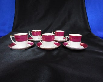 Antique Lusterware Teacup and Saucer Demitasse Tea Cup Made in Japan Set of 5 Hand Painted in Maroon & Gold Japanese Vintage 10 piece set