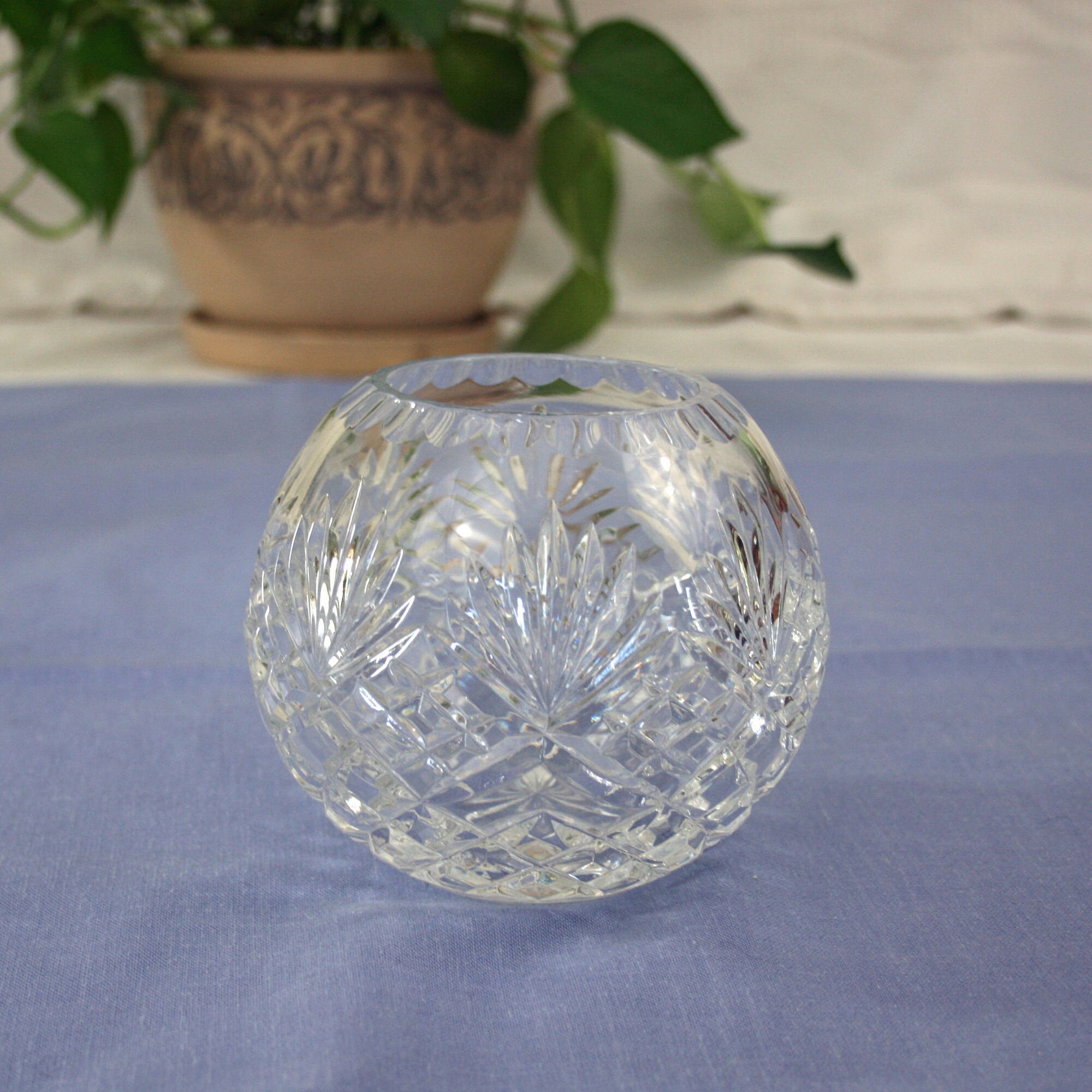 Vintage Glass Rose Bowl Vase Diamond and Fan pattern, potpourri jar