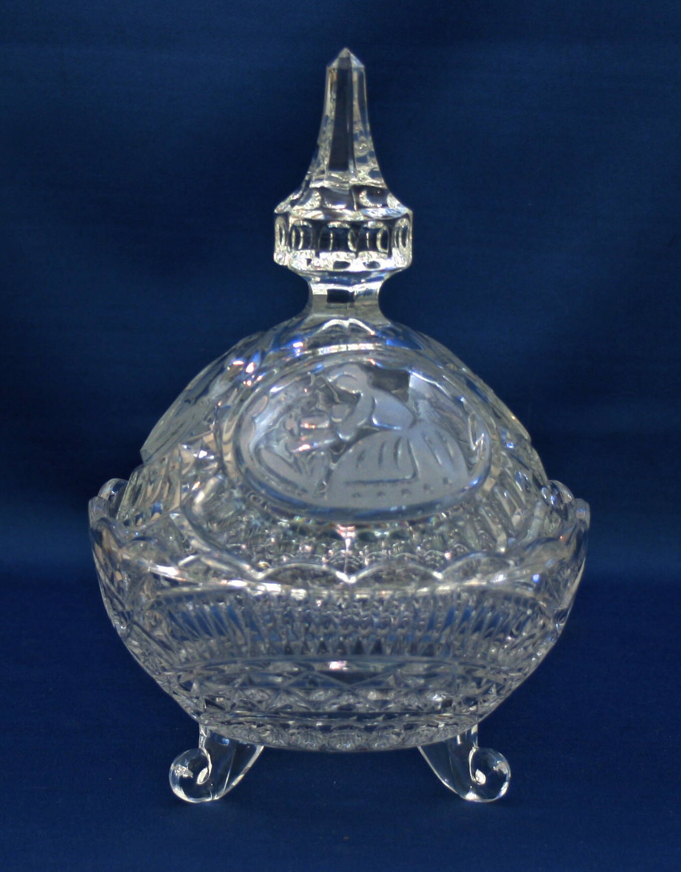 Vintage Clear Crystal Candy Dish or Nut Bowl with Lid Lady picking