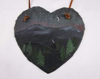 Vintage Natural Slate Art - Hand Painted Heart of Mountain and Cottage Setting Painting Stone Artwork Wall Art