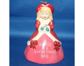 Vintage Bell Ornament Christmas Tree American Greetings for a Special Sister Ceramic Christmas Ornament Bell - Dated 1991 Holiday