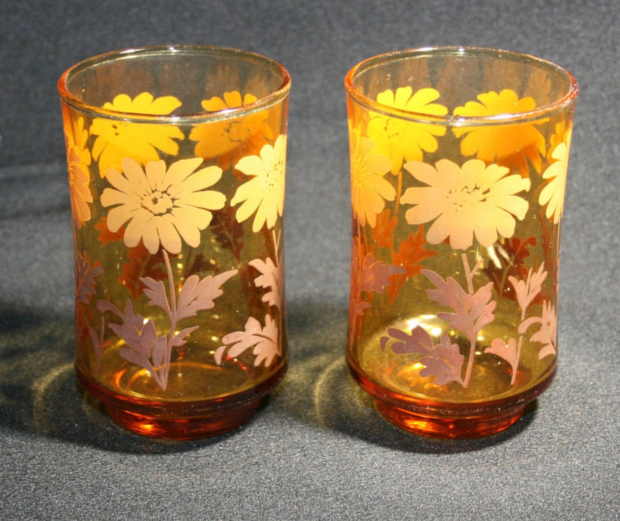 Vintage Libbey Glass Daisy Amber Orange Juice Glass set of 2 Breakfast