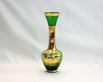 Vintage Lefton Emerald Green Bud Vase Gold Gilding Enamel Flowers Hand Blown Hand Painted Bohemian Czech Art Glass Flower Vase Moriage Japan