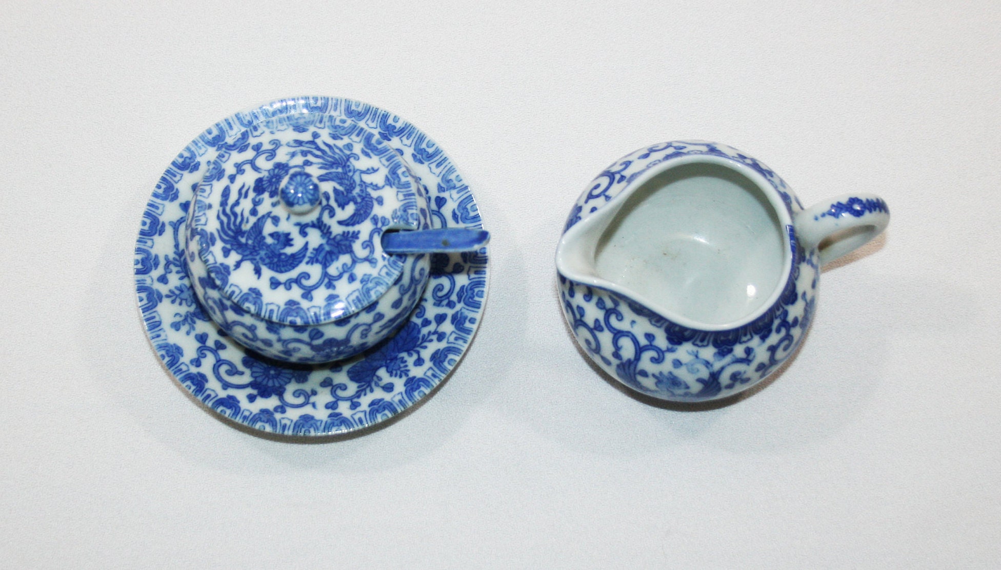 Antique Phoenix Creamer and Sugar Bowl set Blue and White Ceramic