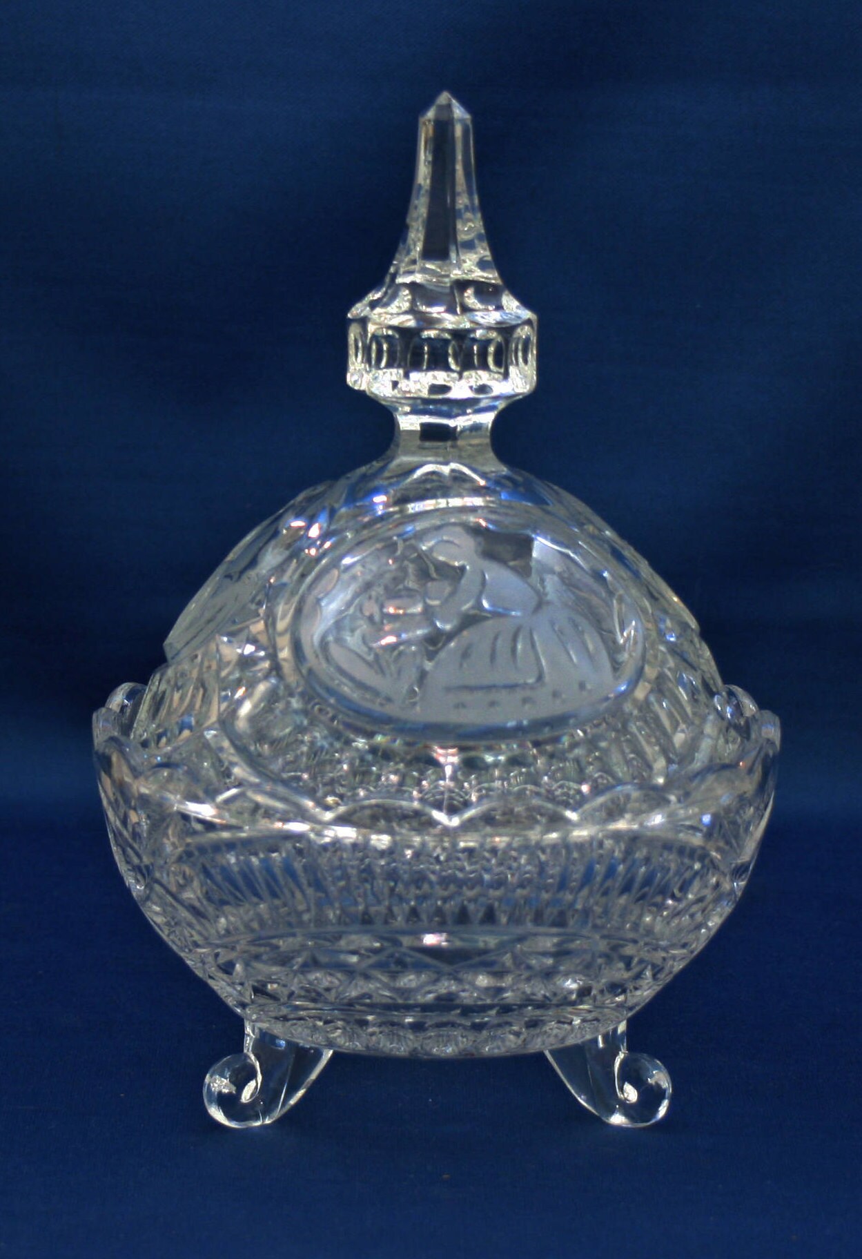 Vintage Clear Crystal Candy Dish or Nut Bowl with Lid Lady picking