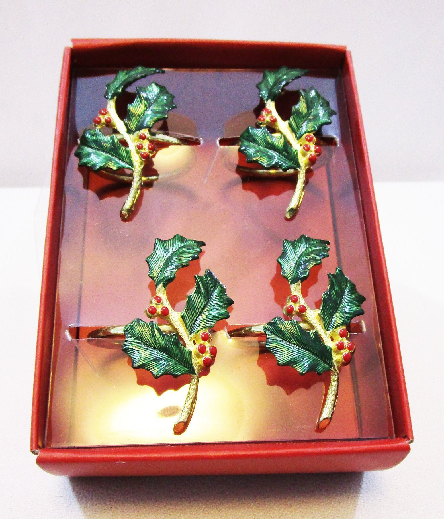 Vintage Lenox Set of 4 Holiday Napkin Rings, Gold Openwork in Holly Leaf and Berries Motif