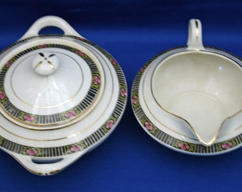 RARE Antique Boston Pottery Co Creamer and Lidded Sugar Bowl circa 1890s Tea & Coffee Tableware Collectible Akron Stoneware Porcelain