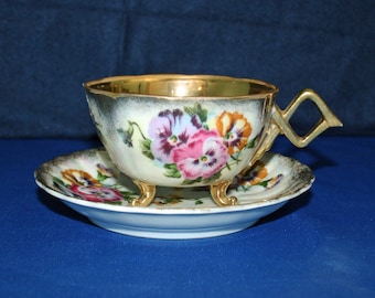 Vintage Nippon Gold Guild Teacup and Saucer with Pansy's  Lusterware Yoko Boeki Company Made in Japan Tea Cup Japanese Tea