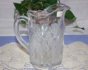 RARE Antique EAPG era Large Clear Glass Pitcher with Ribbed Handle made in New Hampshire USA water lemonade milk Table Pitcher Tableware