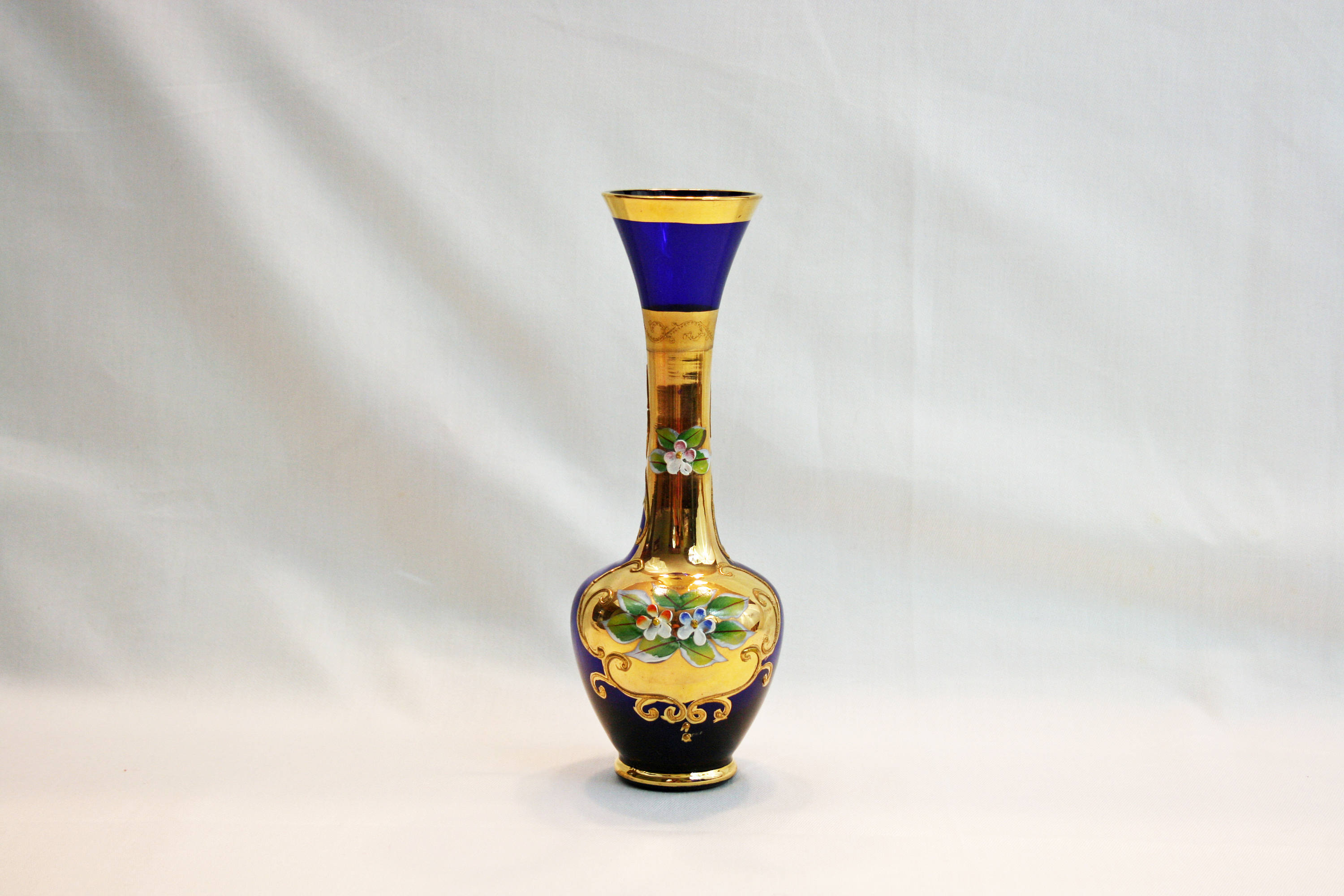 Bohemian Czech Hand Blown Hand Painted Cobalt Blue Art Glass Bud Vase