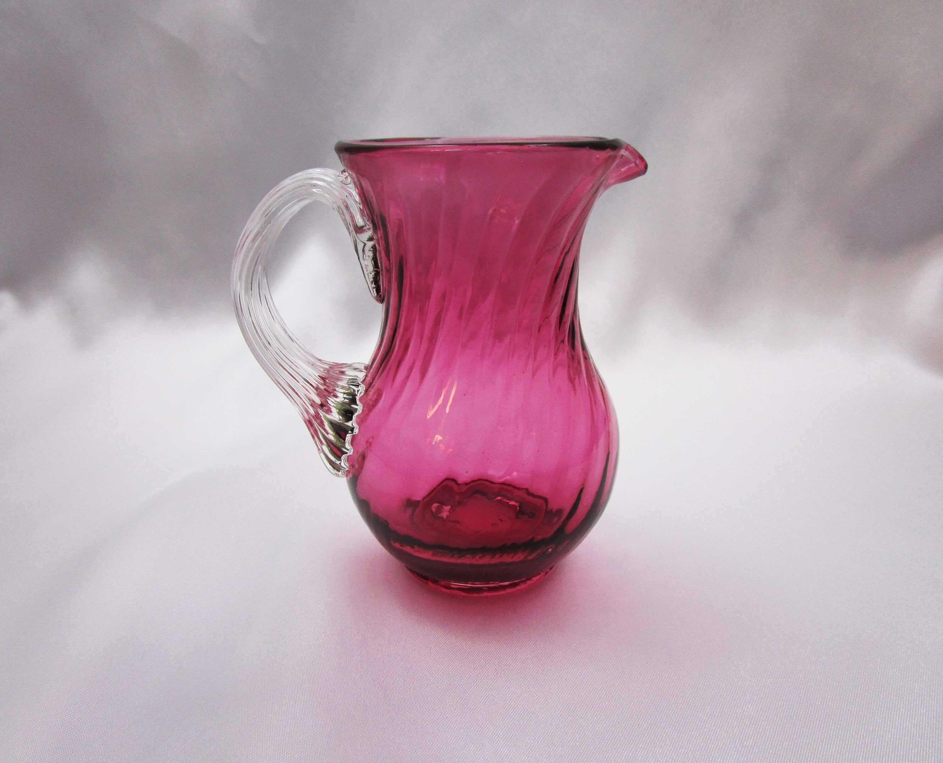 Vintage Amethyst Clear Handle Pitcher Art Glass Swirl Pattern Hand