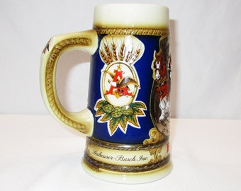 Vintage Budweiser Beer Tankard Stein Clydesdale Handcrafted Limited Edition Horseshoe Beer Mug, Made in Brazil, Anheuser Bush Inc. 1987