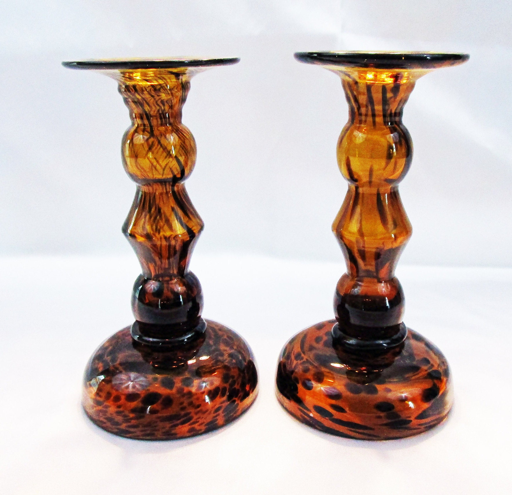 Vintage Tortoise Shell Glass Candlestick candle holder small compote ...