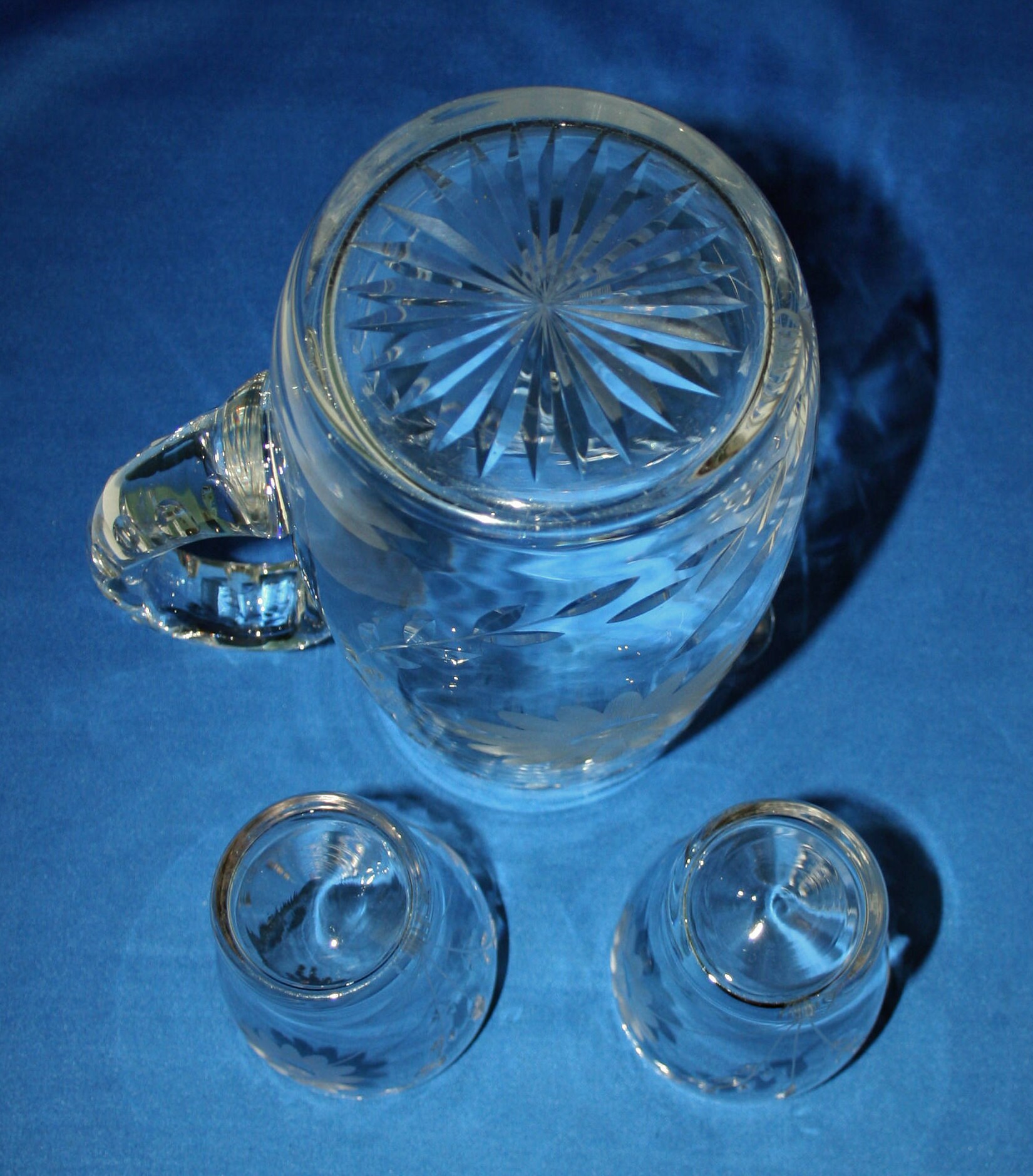 Antique Hand Cut Daisy 52oz Glass Pitcher and 2 Matching 8oz Glasses