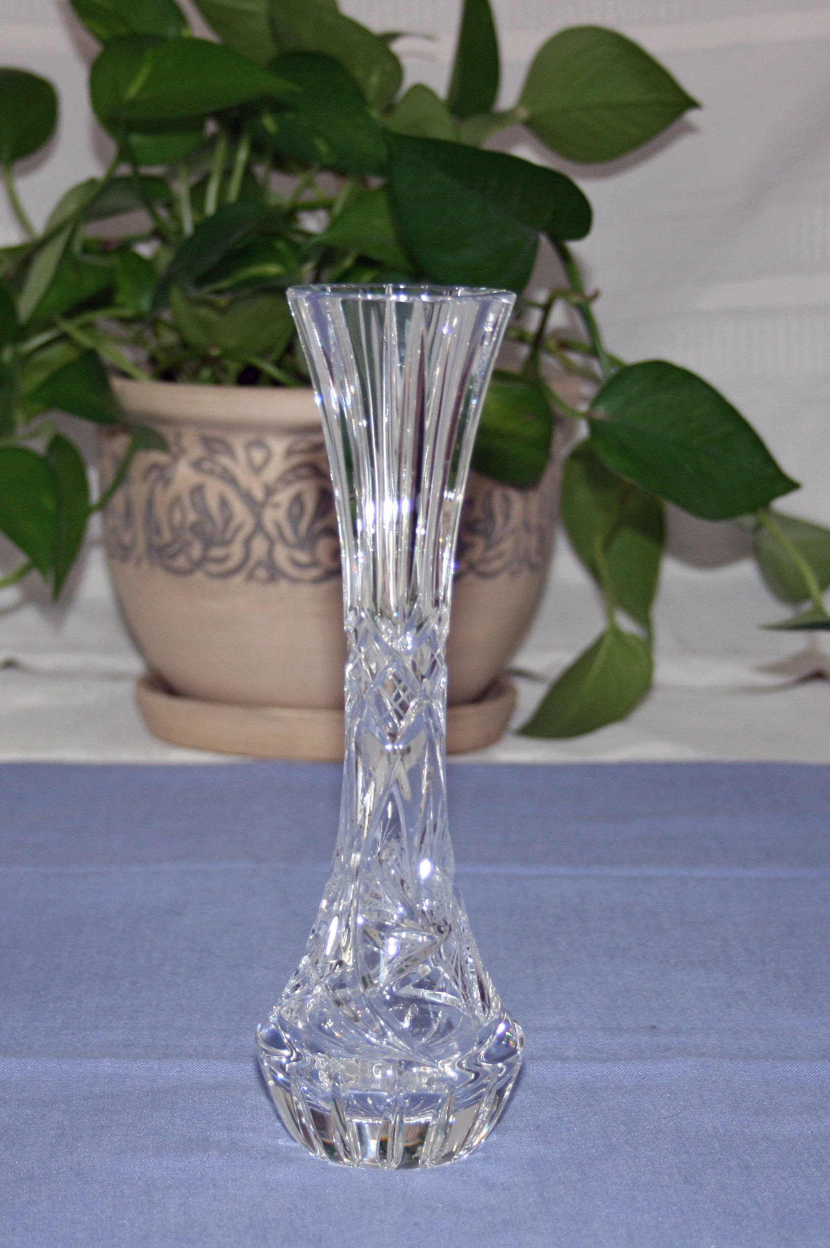 Vintage Lead Crystal Fluted Bud Vase Hand Cut Swirled Star pinwheel
