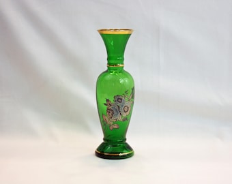 Vintage Lefton Emerald Green Glass Bud Vase Hand Blown with Floral Applique Made in Japan Flower Art Glass Vase Moriage
