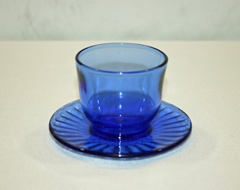 Vintage Mustard Jar Macbeth-Evans Petalware Cobalt Blue Condiment Custard Cup with Attached Underplate Circa 1930 Ritz Blue Depression Glass