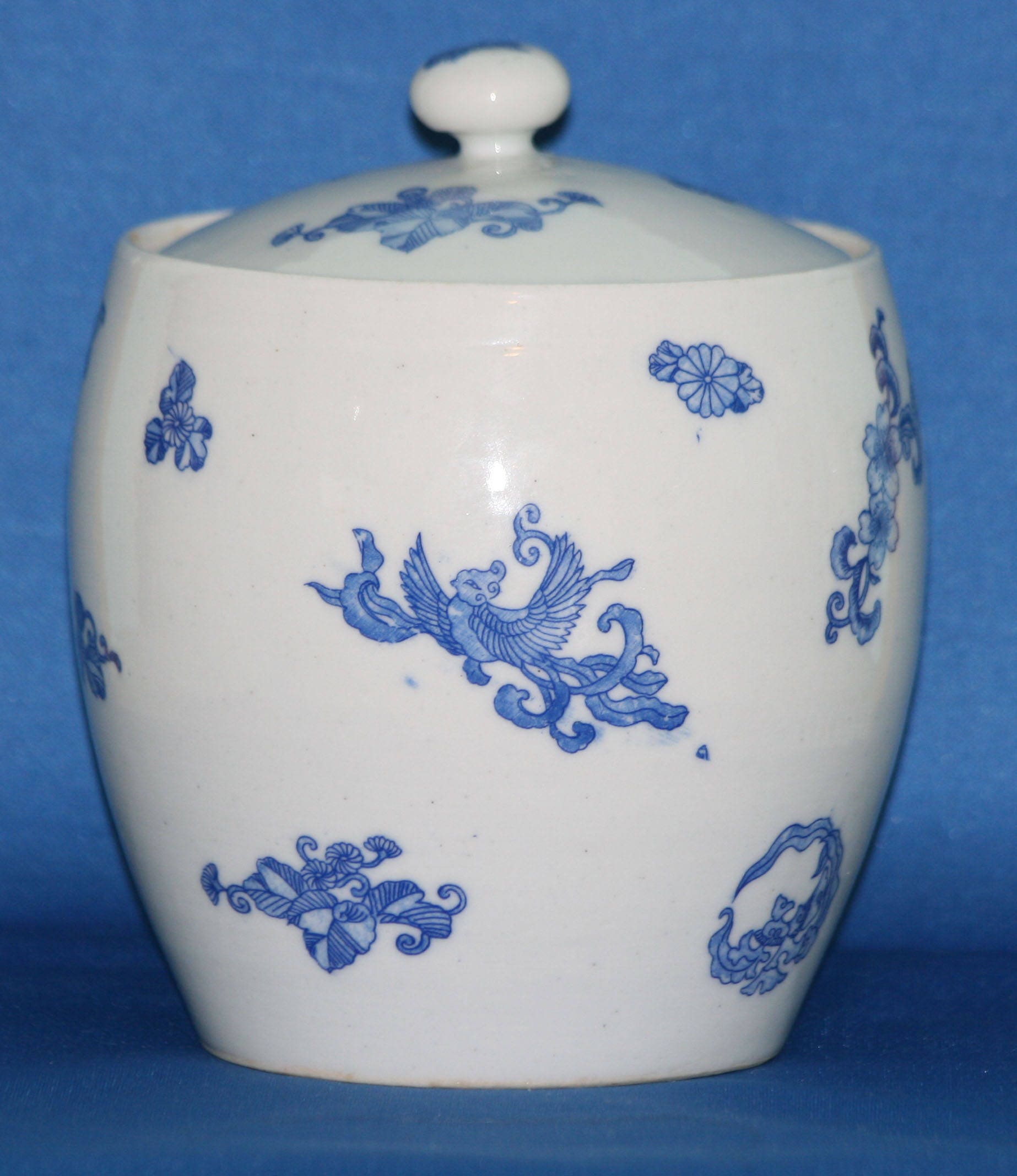 Vintage Stoneware Biscuit Jar Blue Transferware Birds and Flowers