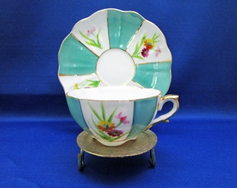 Vintage UCAGCO China Teal and Floral Teacup and Saucer Hand Painted Tea Cup Stamped Occupied Japan Demitasse Espresso English Tea Party