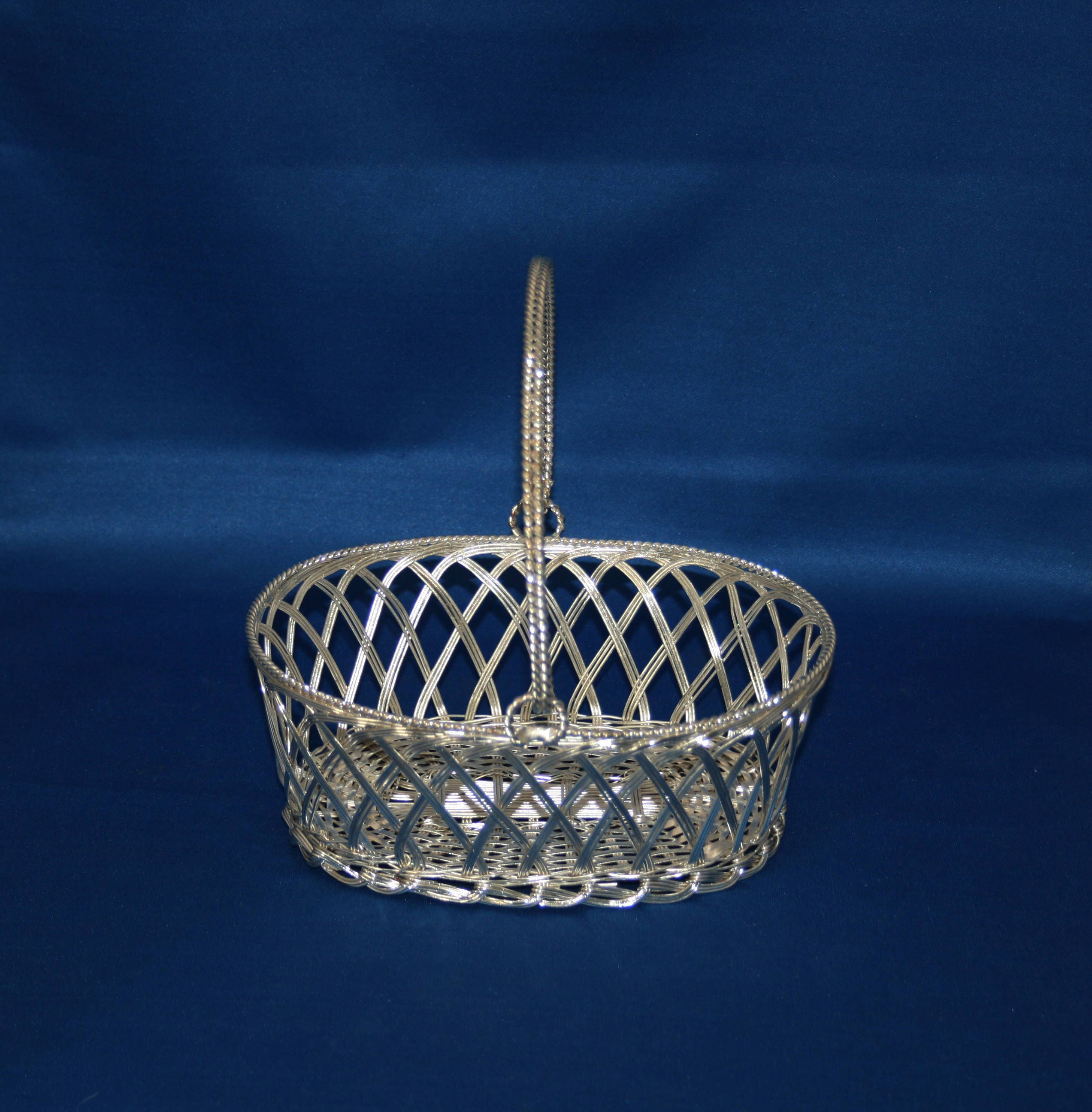 Vintage Oval Hand Woven Silver Plate over Copper Wire Basket Adjustable