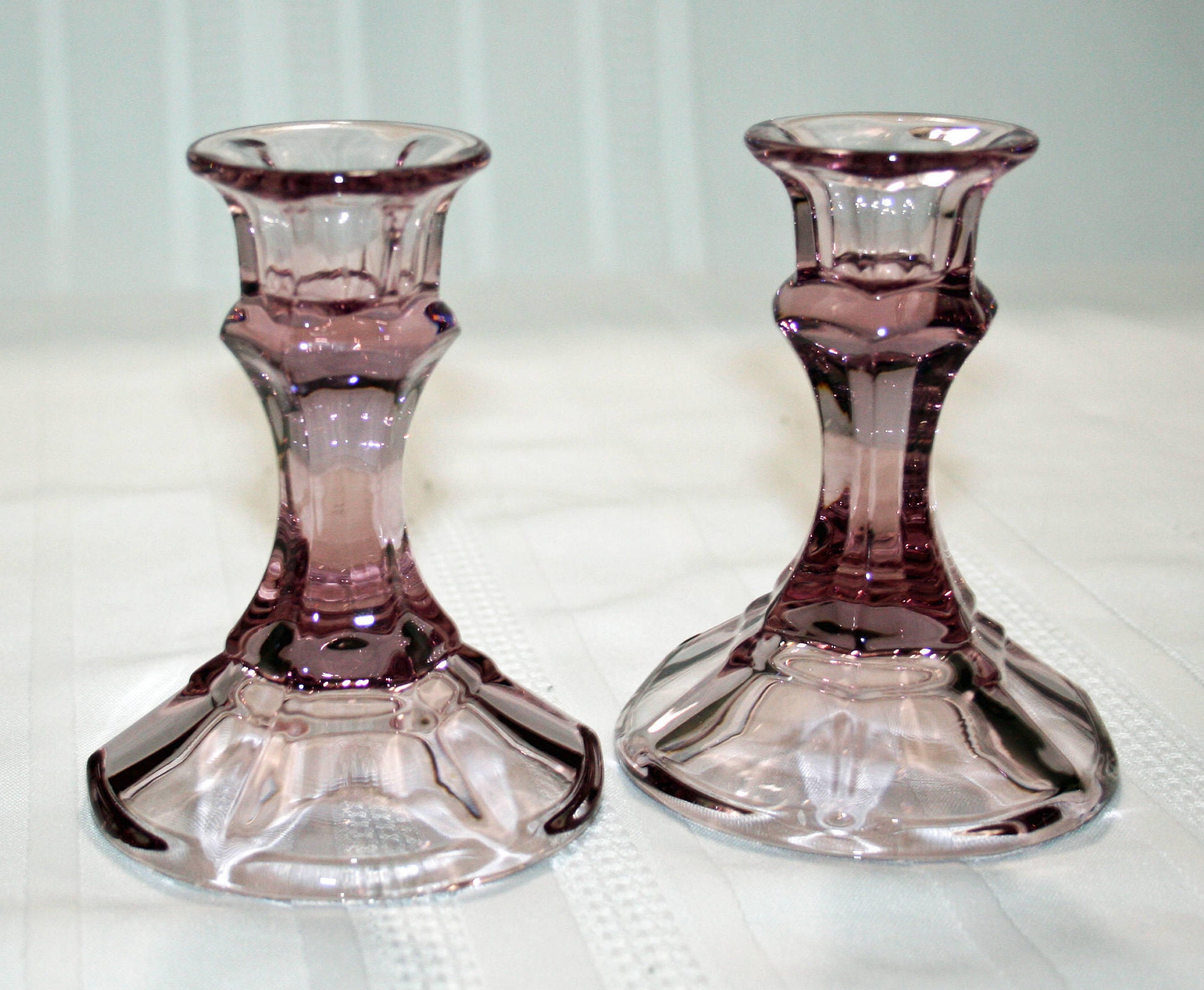Vintage Amethyst Candlesticks Pressed Glass purple candle holders