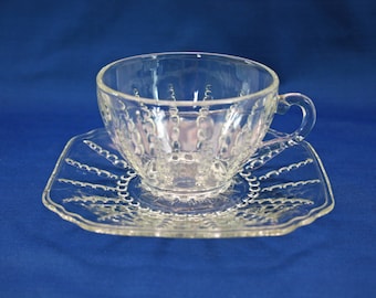 Vintage Federal Glass Teacup and Saucer Columbia circa 1940 Columbia Clear Pattern Tea Cup Tea Party Coffee Cup and plate