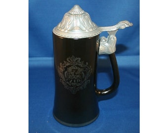 Vintage Princess House Beer Stein  Black Glass VIP Stein with Embossed Pewter Lid Poem Beer Stein Barware Breweriana Collectible Bar