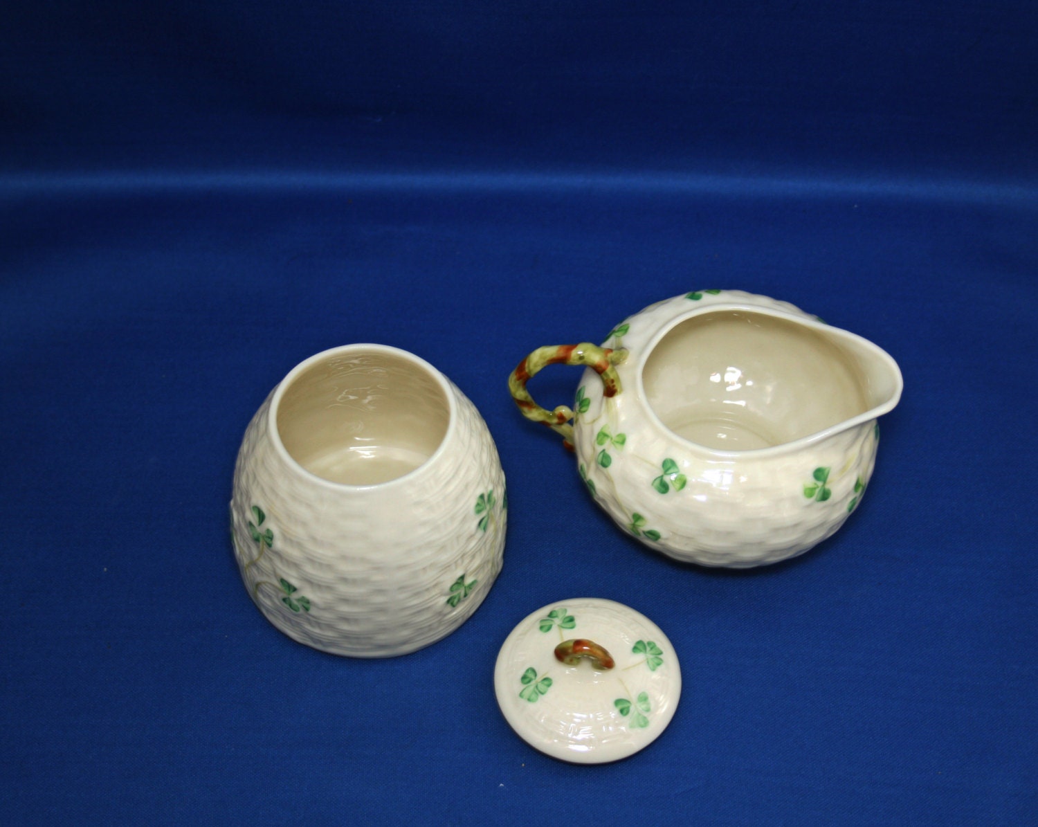 VINTAGE Belleek China Gold 7th Mark Creamer and Lidded Marmalade
