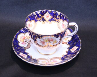 Vintage Royal Stafford Teacup and Saucer Heritage Bone China Cobalt Blue & White Tea Cup Coffee