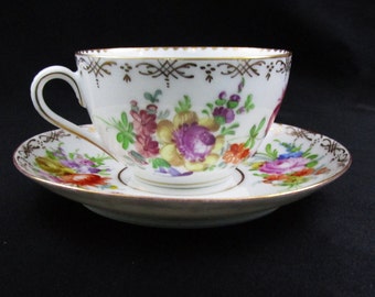 Antique Dresden Saxony Teacup & Saucer Hand Painted Tea Cup Floral Spray and Gold Gild Germany Afternoon Tea Party Coffee Vintage