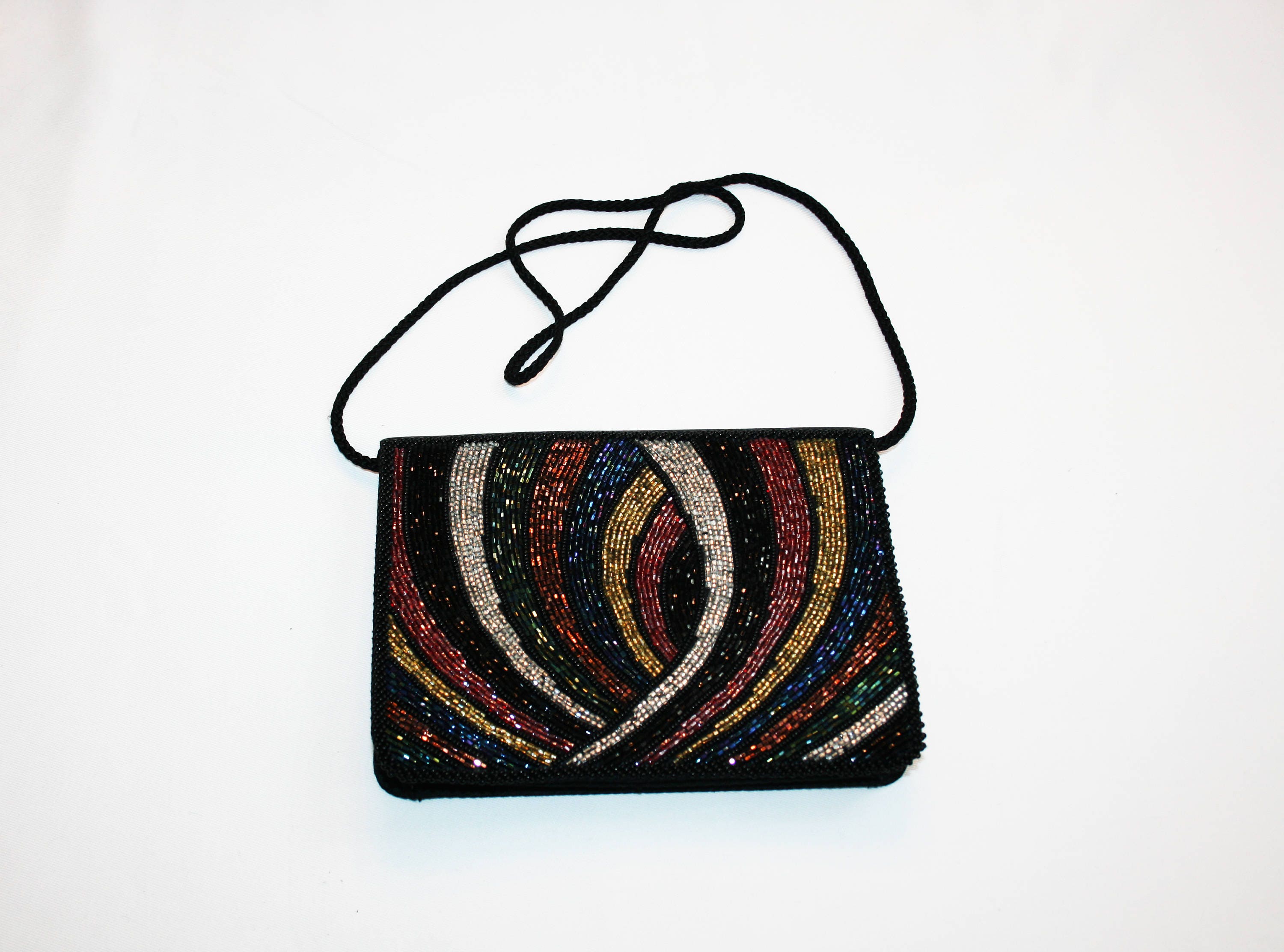 Vintage Black Satin Beaded Evening Bag with Button Snap Clasp, clutch ...