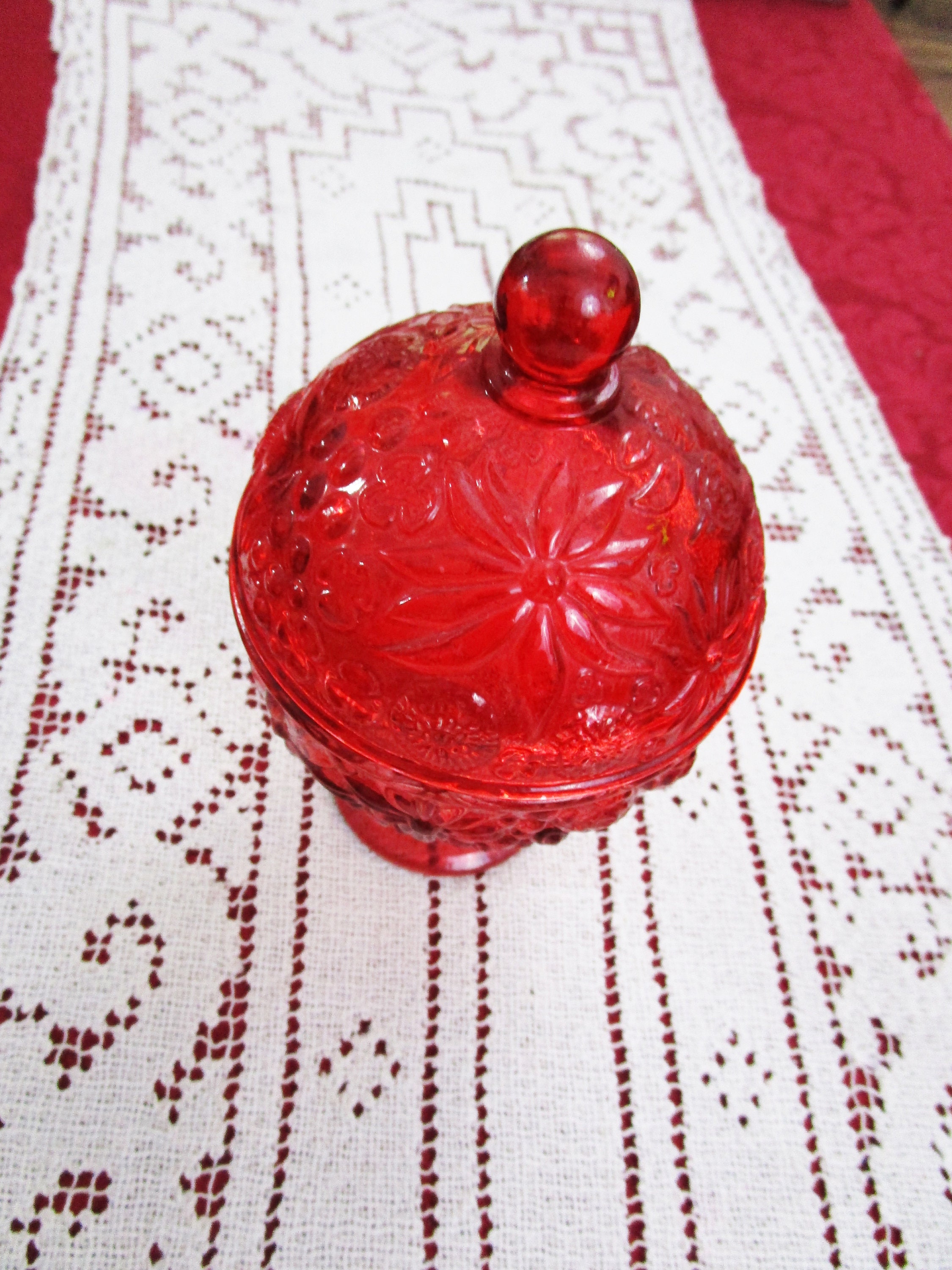 Vintage Avon Red Glass Egg Shaped Pedestal Lidded Dish Ruby Flashed Collectible Glass Floral