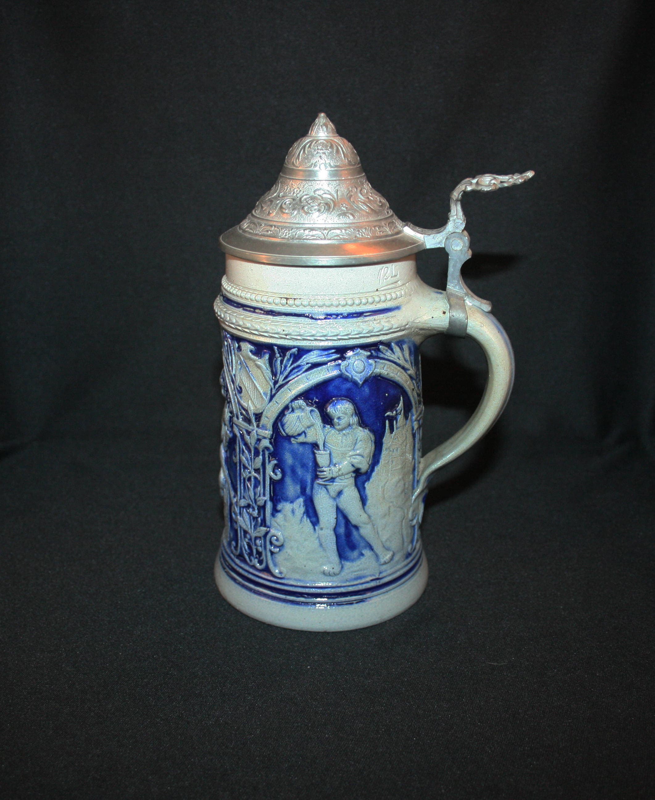 Antique Cobalt Blue Stoneware Beer Stein Lidded Marked Germany Circa