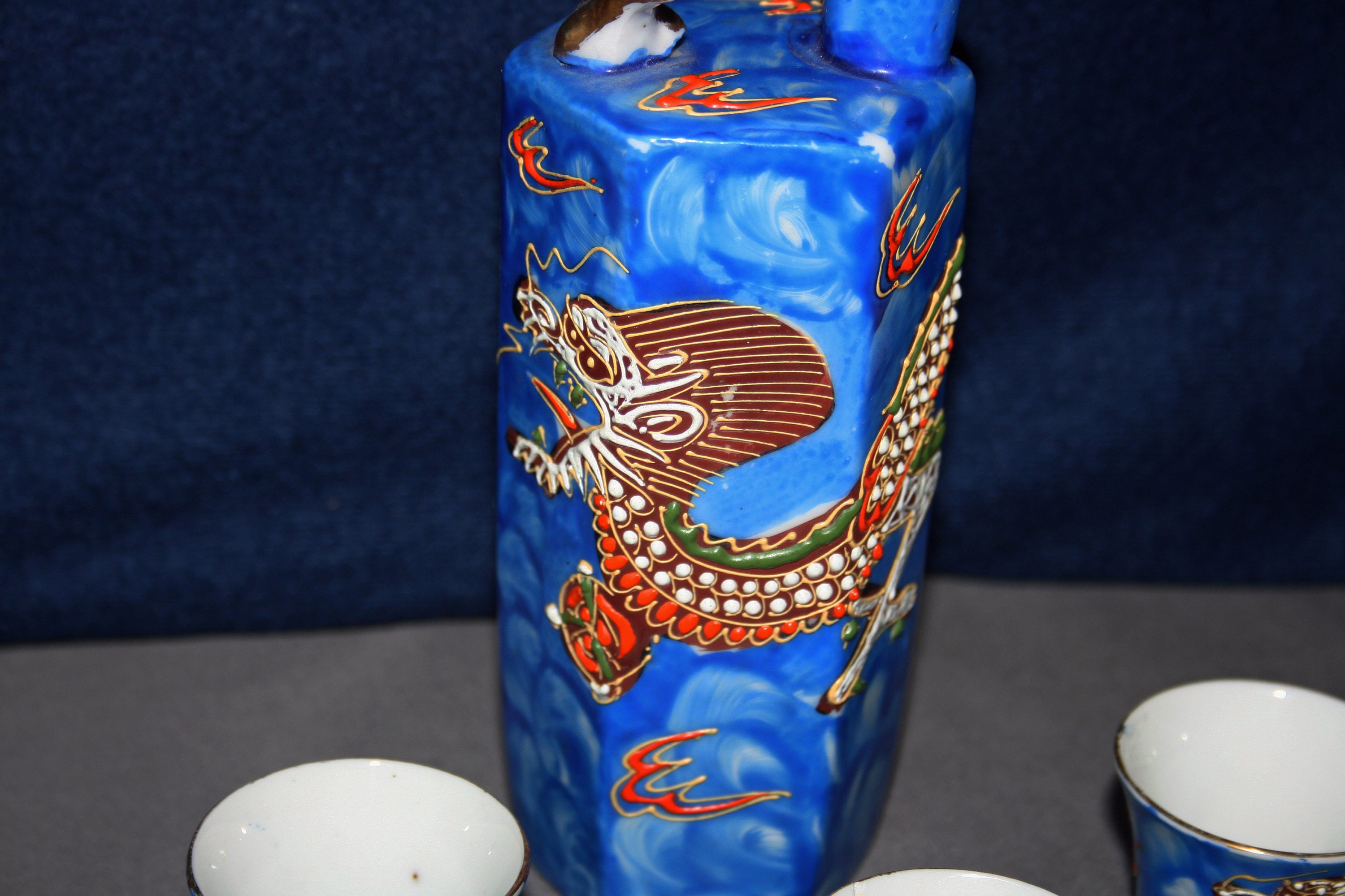 Vintage Dragonware Sake Set SATSUMA Geisha Lithophane Whistling Singing