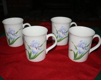 Vintage Japanese Octagiri Iris Embossed Coffee Mug Tea Cup set of 4 made in Japan Tableware Teacup