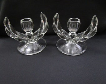 Vintage Indiana Glass Willow Candlesticks Pair of 2 Clear Single Candle Holders Laurel Wreath Art Deco Oleander Magnolia Candlestick