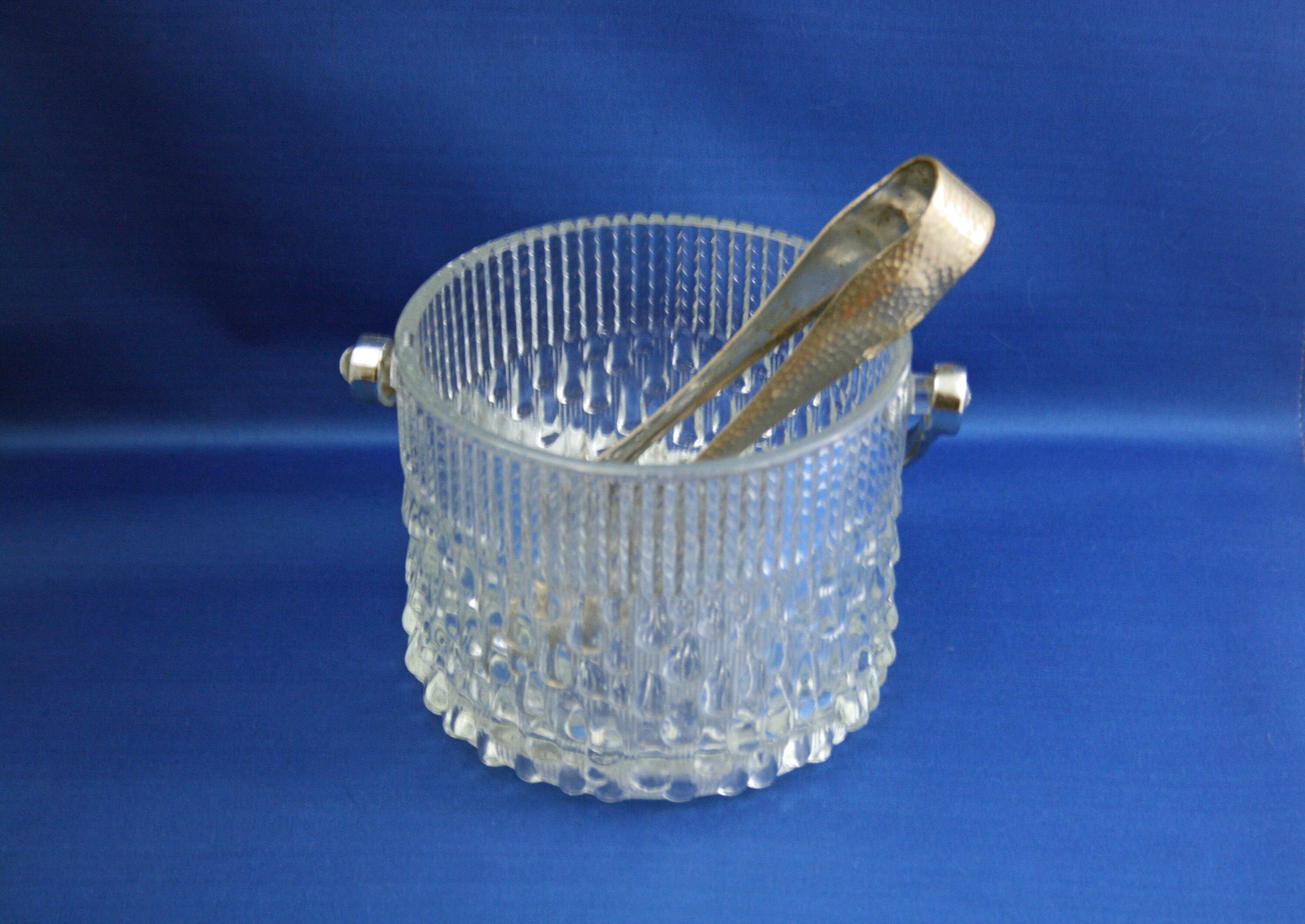 Vintage Ice Bucket with Tongs Teleflora Glass Chrome Handled Made in