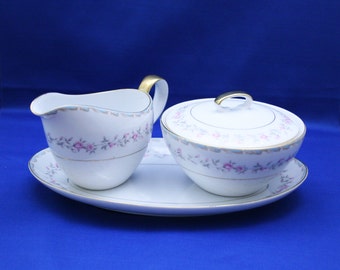 Vintage Mikasa Creamer and Sugar Bowl Set with an Under Plate Vincente pattern 6129 Coffee Tea Garden Party