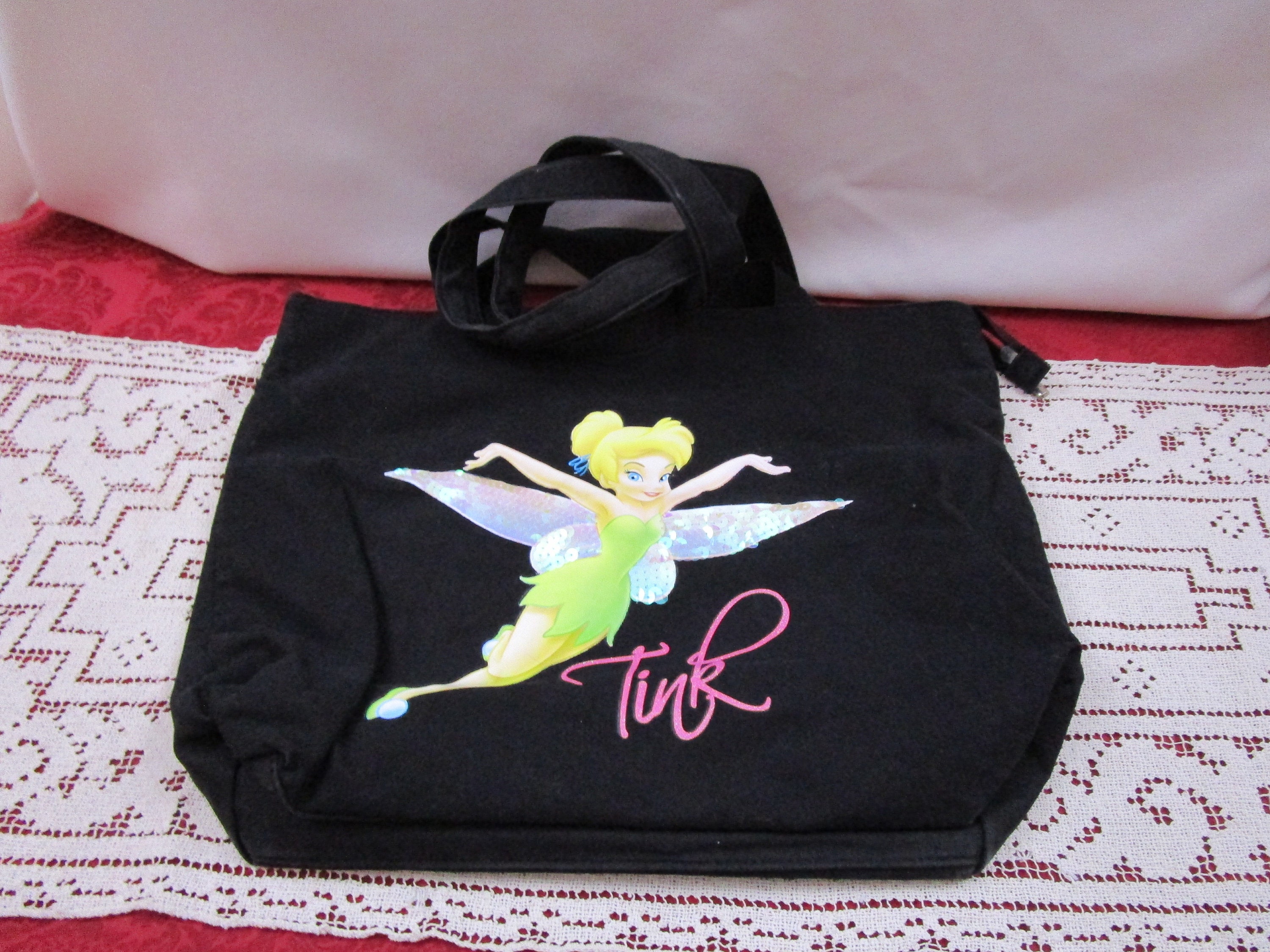 Vintage Disney Tink Black Canvas Zippered Tote Bag, Tinkerbell Tinker
