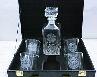 Vintage Dave and Busters 5 piece Decanter Gift Set 4 Matching Glasses Leather Briefcase Storage Box Acid Etched Logo Whiskey Brandy Bourbon