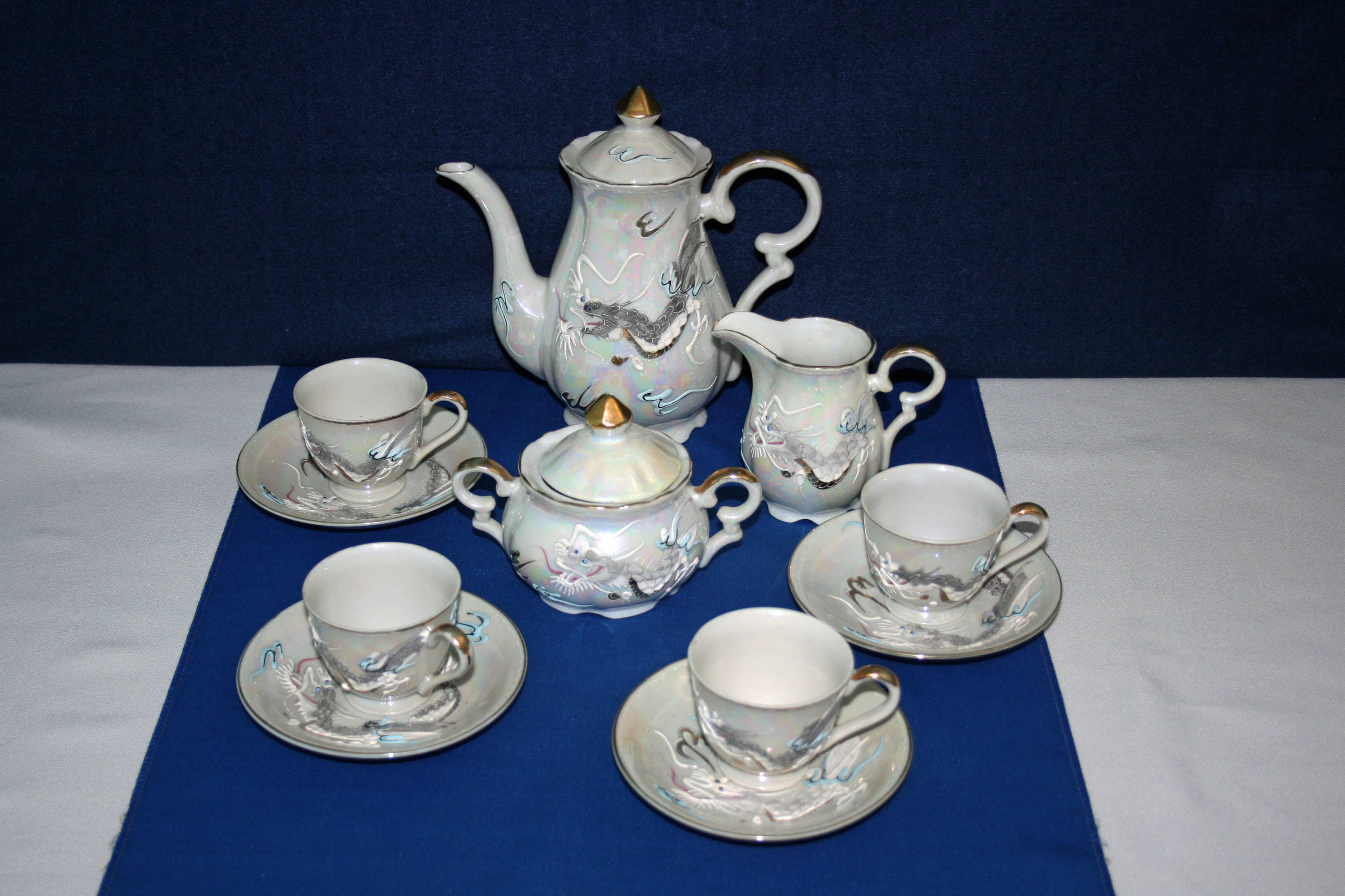 Vintage Dragonware Moriage Dragon Tea Set Tea Pot Creamer and Sugar