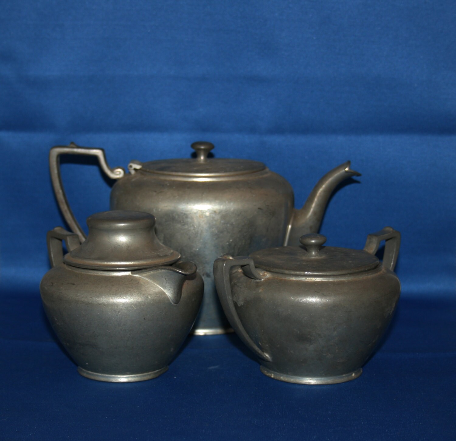 Rare Antique Wallace Pewter Coffee Set Teapot Creamer and Sugar Bowl