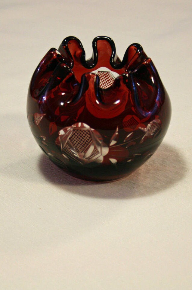 Vintage Ruby Red Rose Bowl Cut to Clear Bohemian Blown Art ...