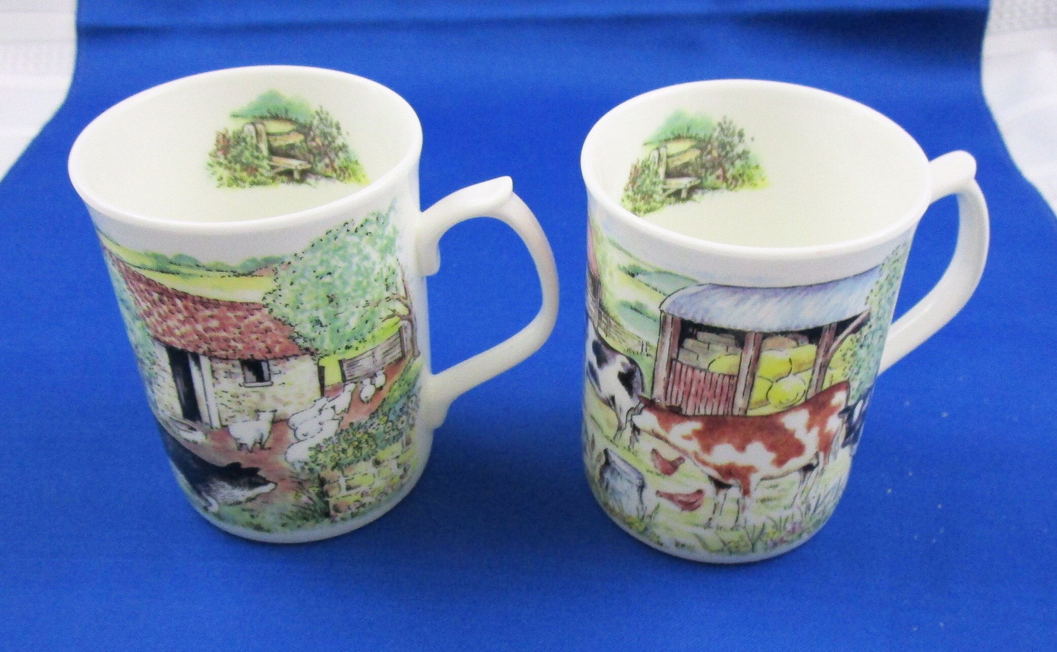 Vintage 2 Farm Barnyard Scene Mugs by J W Bradley Bone China Coffee Mug