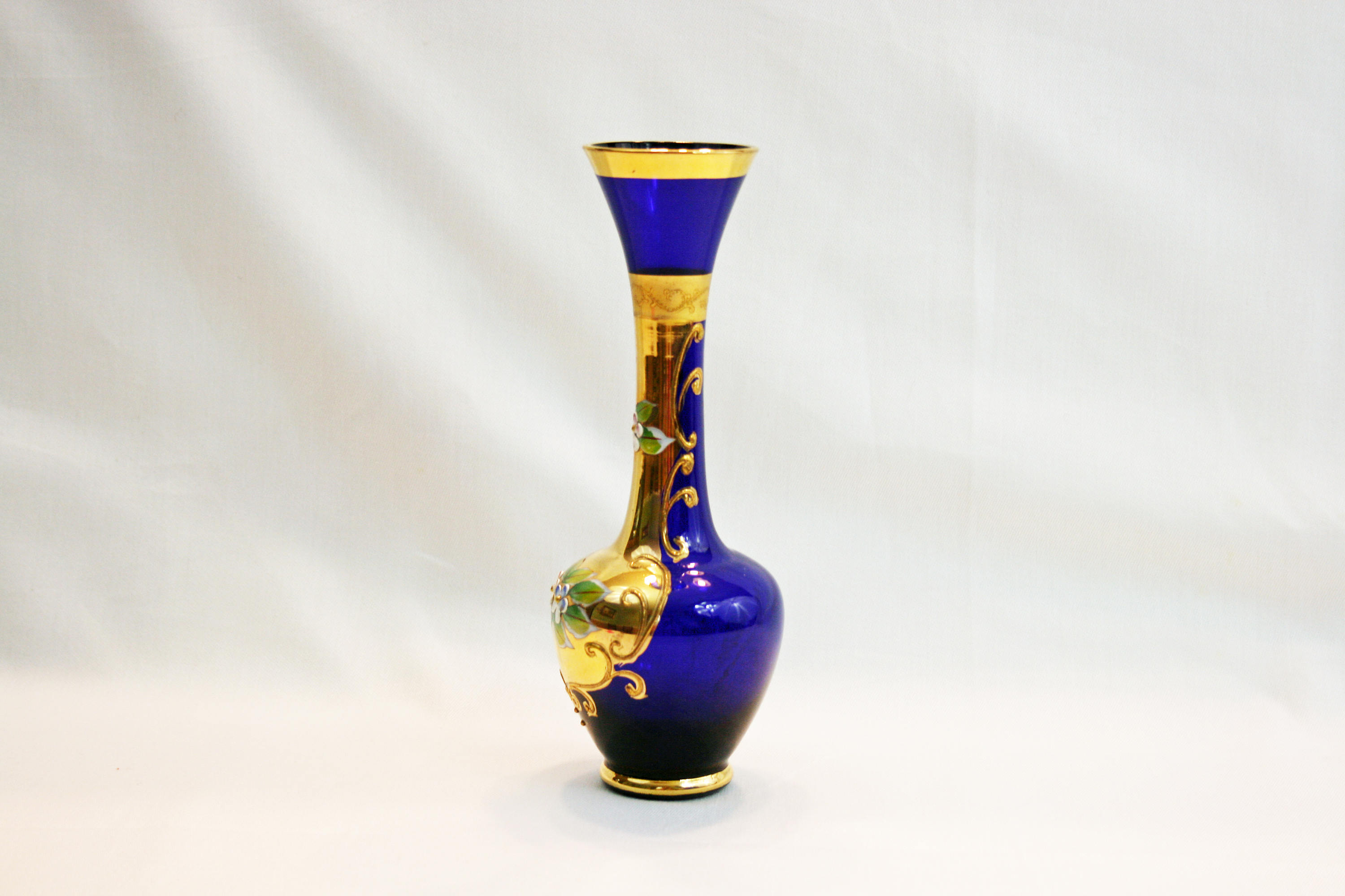 Bohemian Czech Hand Blown Hand Painted Cobalt Blue Art Glass Bud Vase