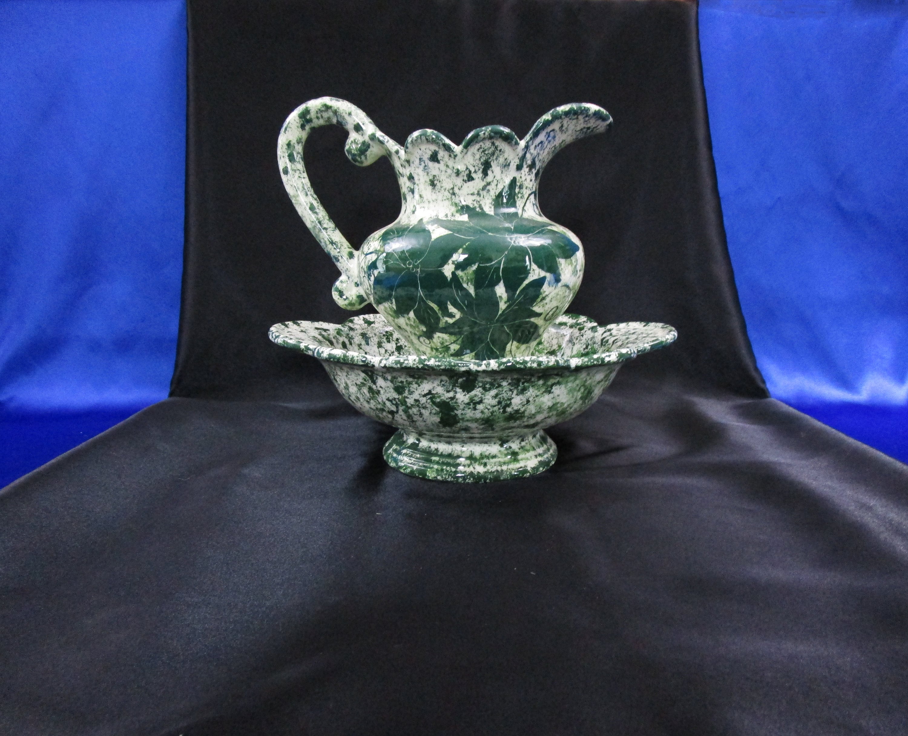 Vintage Small Pitcher and Wash Bowl set Sponge Painted Green & White