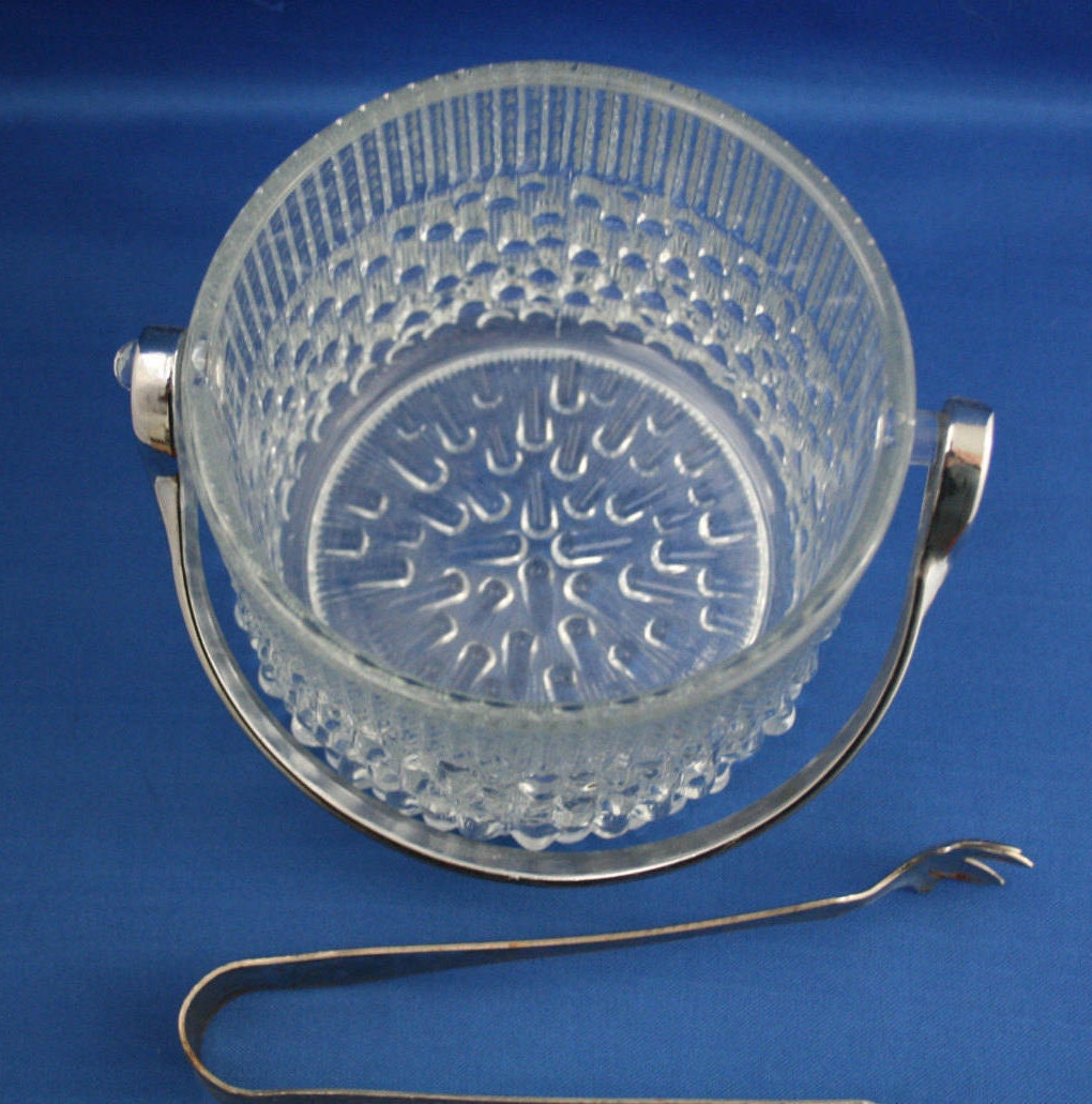 Vintage Ice Bucket with Tongs Teleflora Glass Chrome Handled Made in